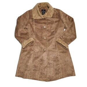 Dennis Basso Faux Fur Trim Lined Coat Womens M Camel Penny Lane Pocket Cozy Boho